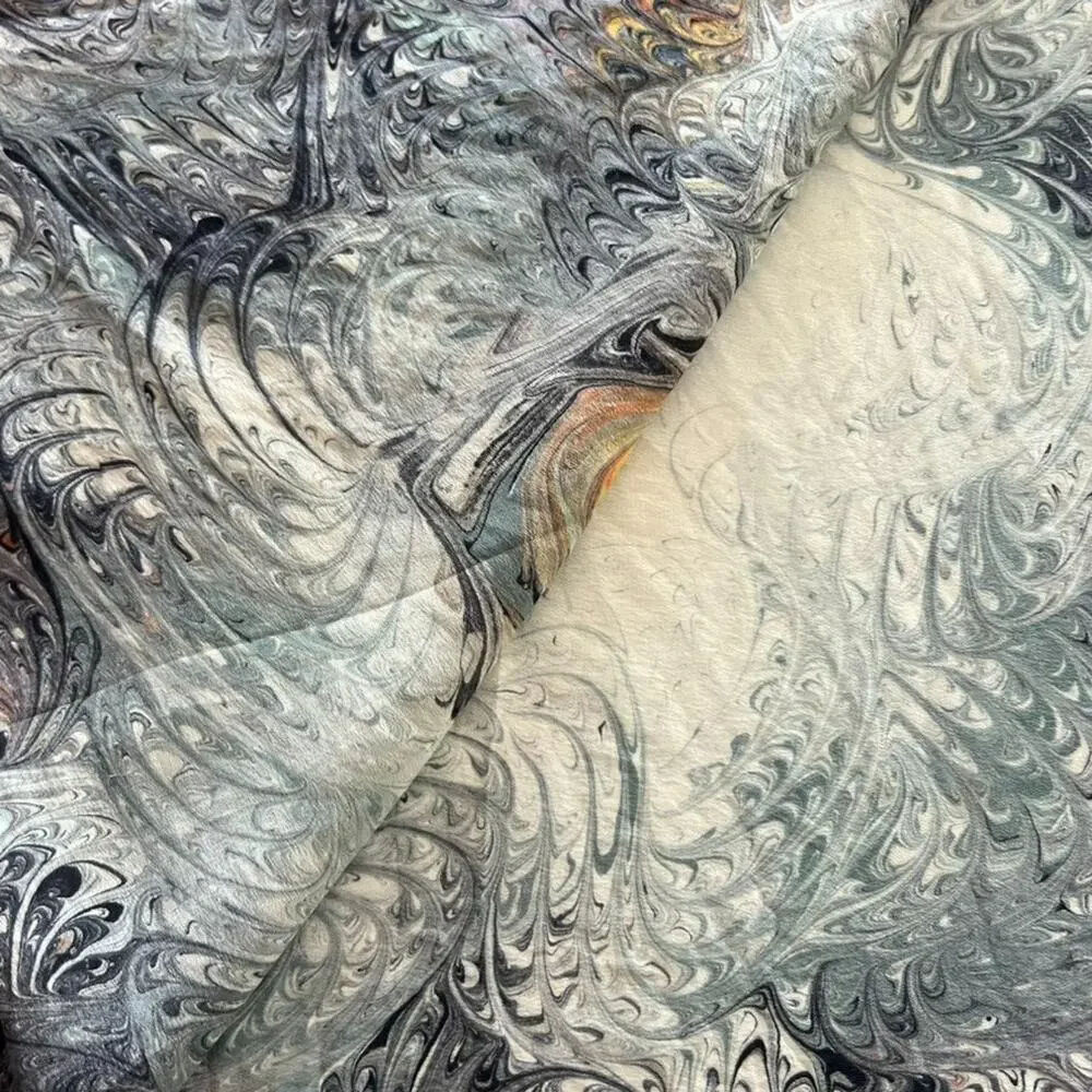 Marble Swirl Silk Scarf Hand Marbled Square Ivory Black Gray Hand Rolled Hem 30